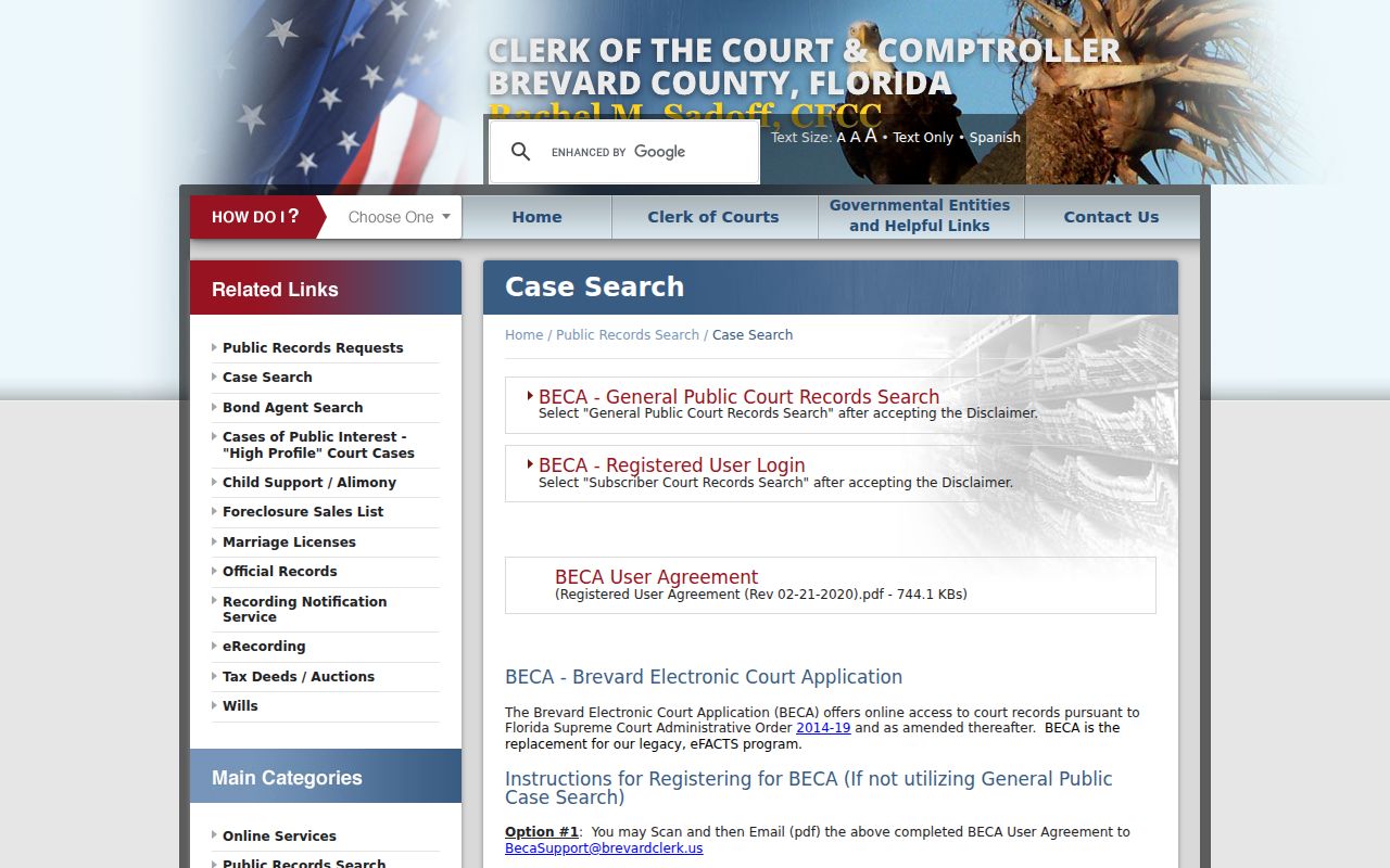 BECA court case search choices for Brevard County and Melbourne