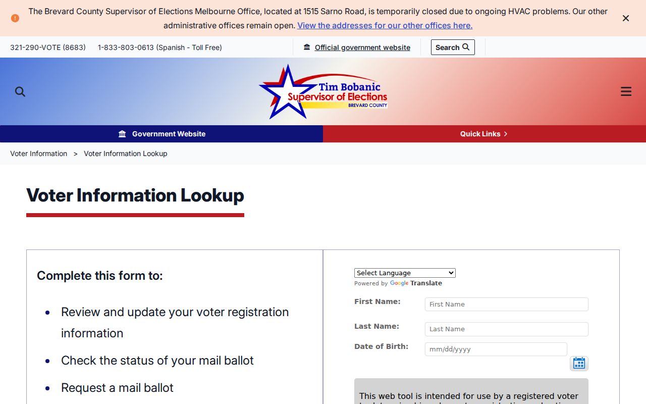 Brevard voter registration status lookup serving Melbourne