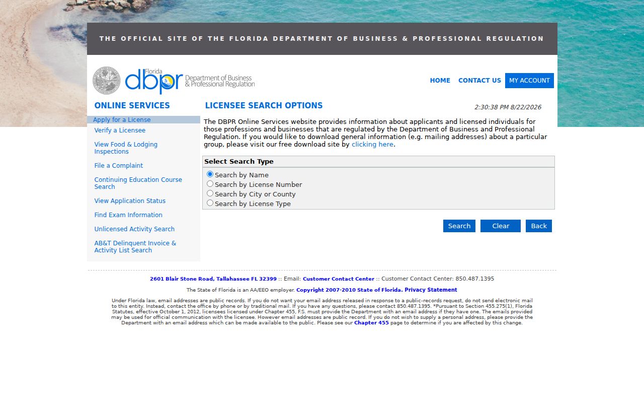 Florida DBPR professional license search used to verify Melbourne affiliations