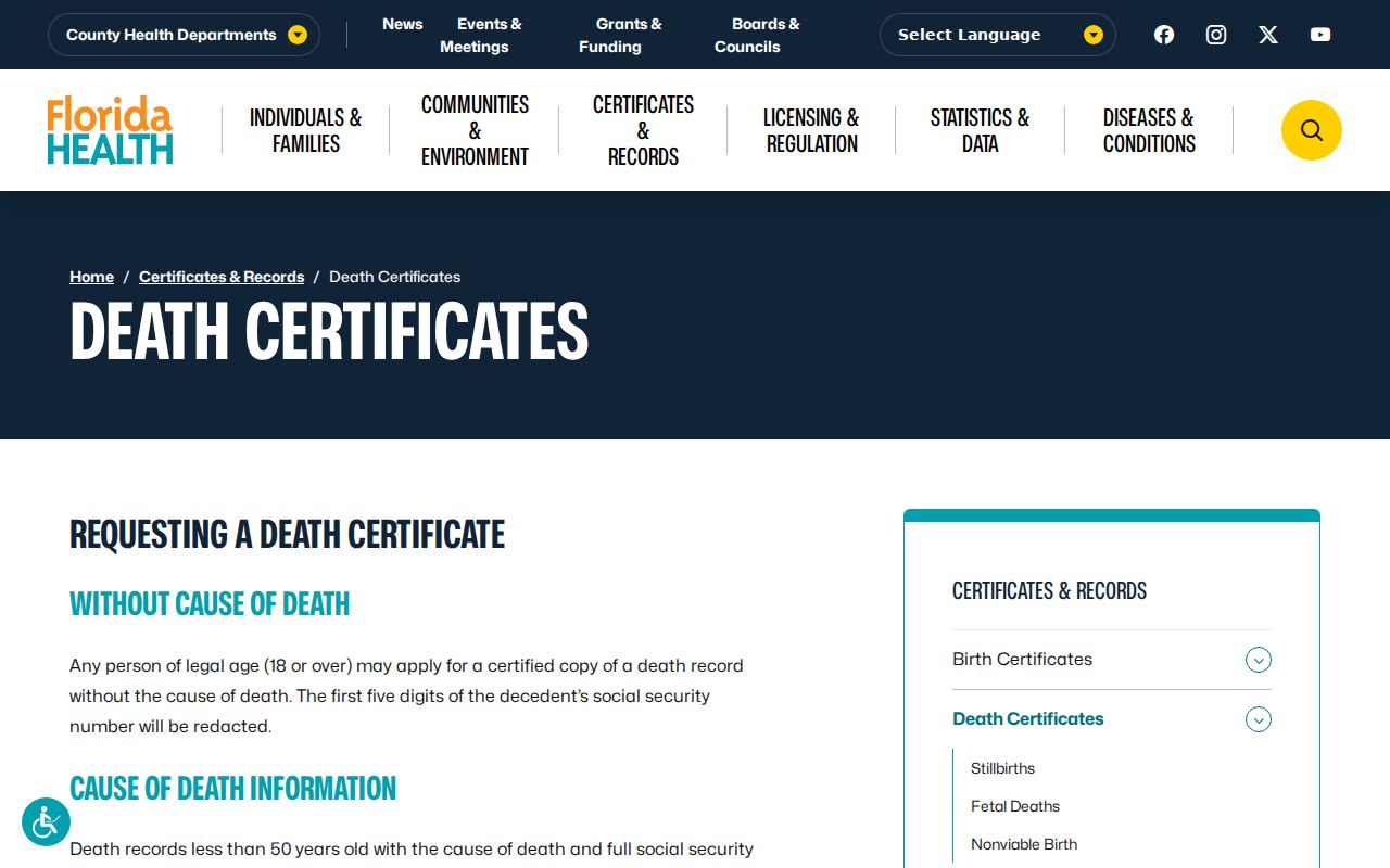 Melbourne previous residents Florida death certificate page