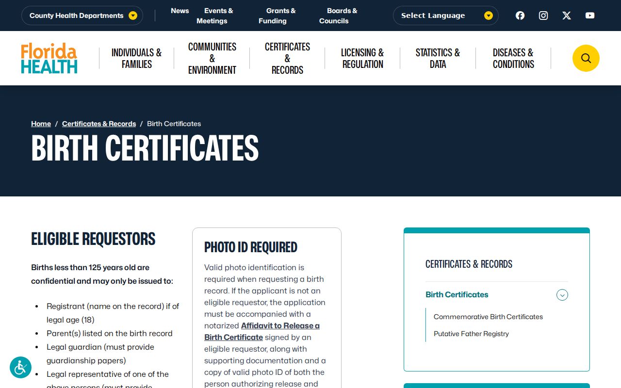 Melbourne previous residents Florida birth certificate access