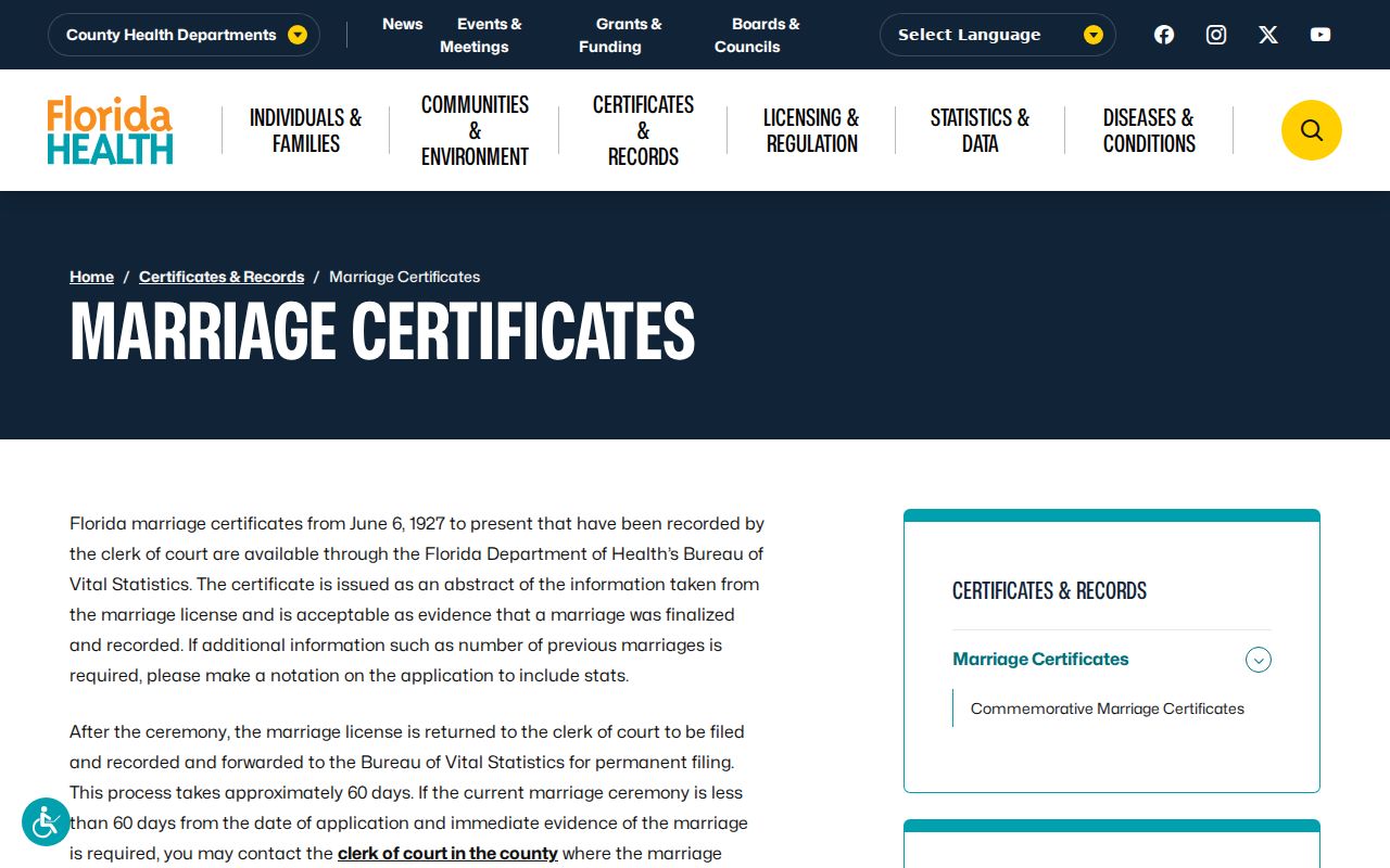 Melbourne previous residents Florida marriage certificate service