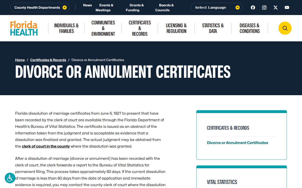 Melbourne previous residents Florida divorce certificate guidance